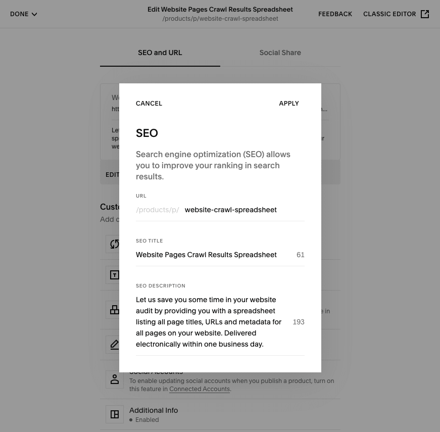 Edit Product SEO Title Squarespace 7.1