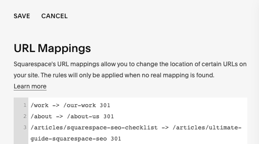 Preview: paste your URL Redirect Rules into the Squarespace URL Mappings panel