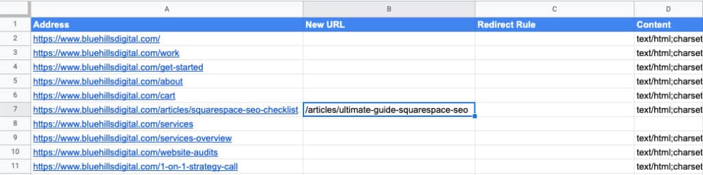 Where to enter your new URL value in the Squarespace website migration tracking spreadsheet