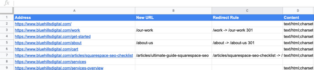 Preview of Squarespace URL Redirect Rules created in Column C of the website migration tracking spreadsheet
