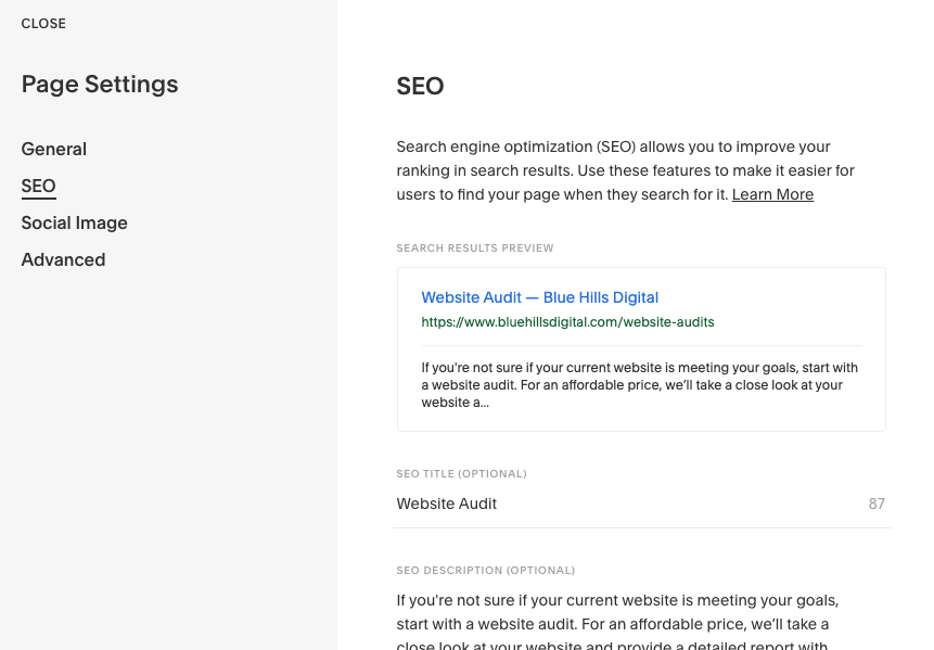 Squarespace edit the SEO title on a page