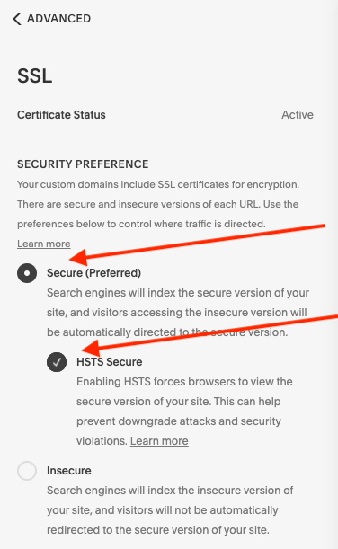 Squarespace SSL and HSTS settings