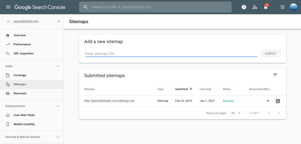Google Search Console displaying a submitted sitemap