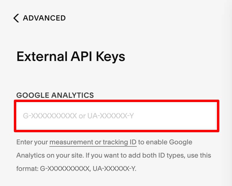 Paste the GA4 measurement ID in the Squarespace settings panel