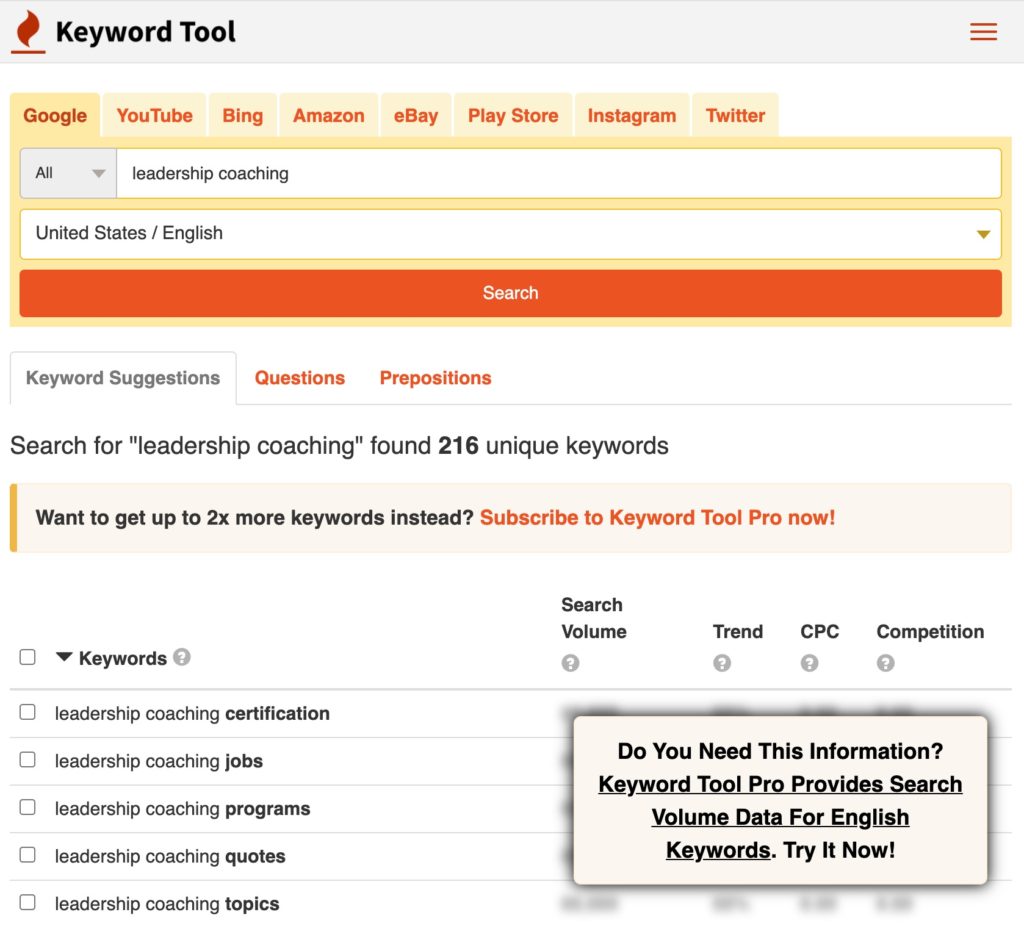 Keywordtool.io keyword suggestion results