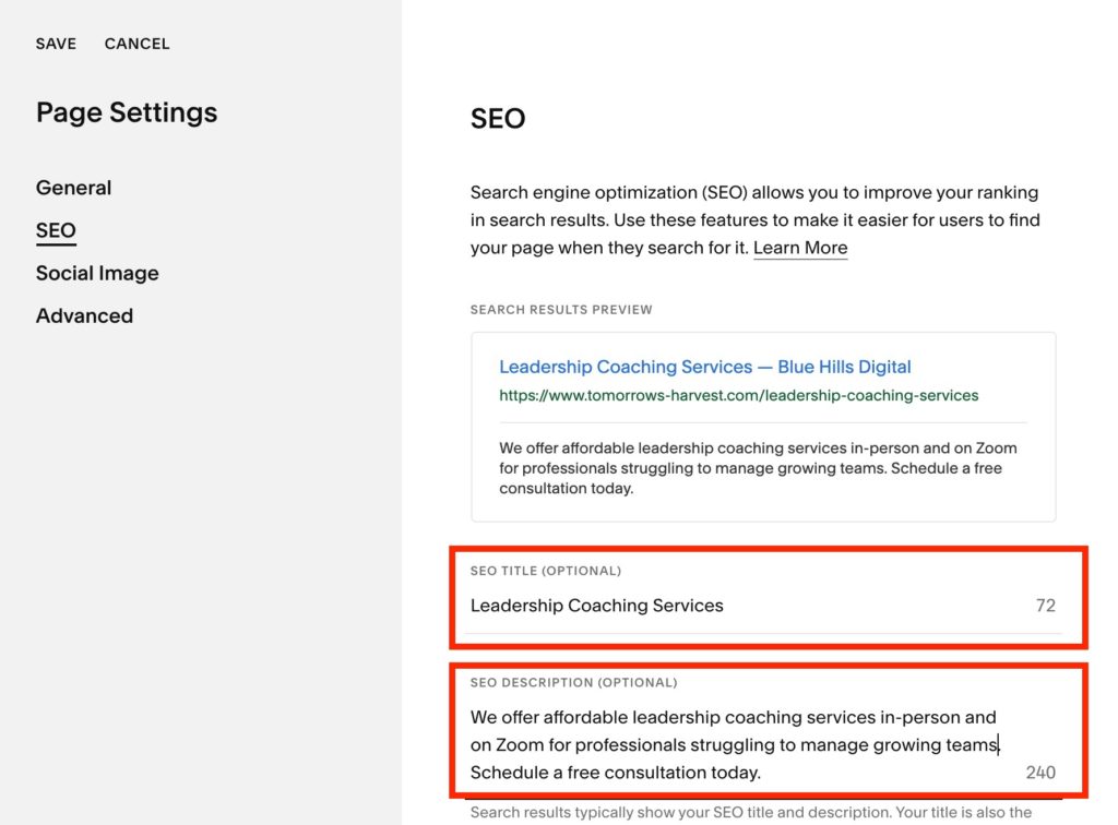 How to adjust SEO title and SEO description in Squarespace 7.1