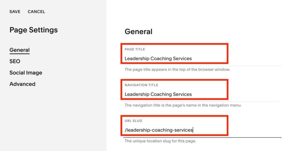 How to adjust Page Title, Navigation Title, and URL slug in Squarespace 7.1