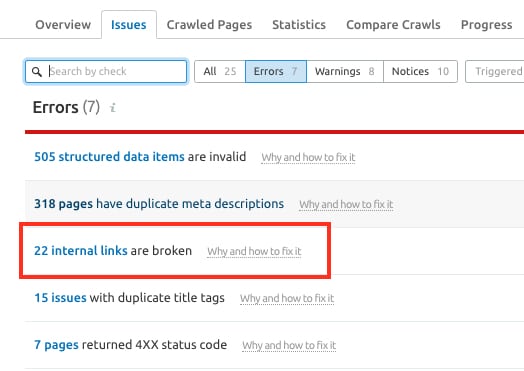 Semrush check for broken links