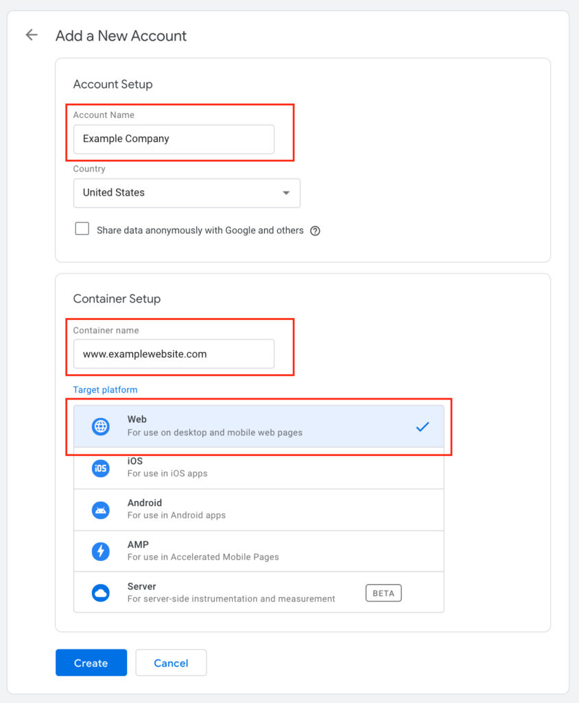 Google Tag Manager account and container setup