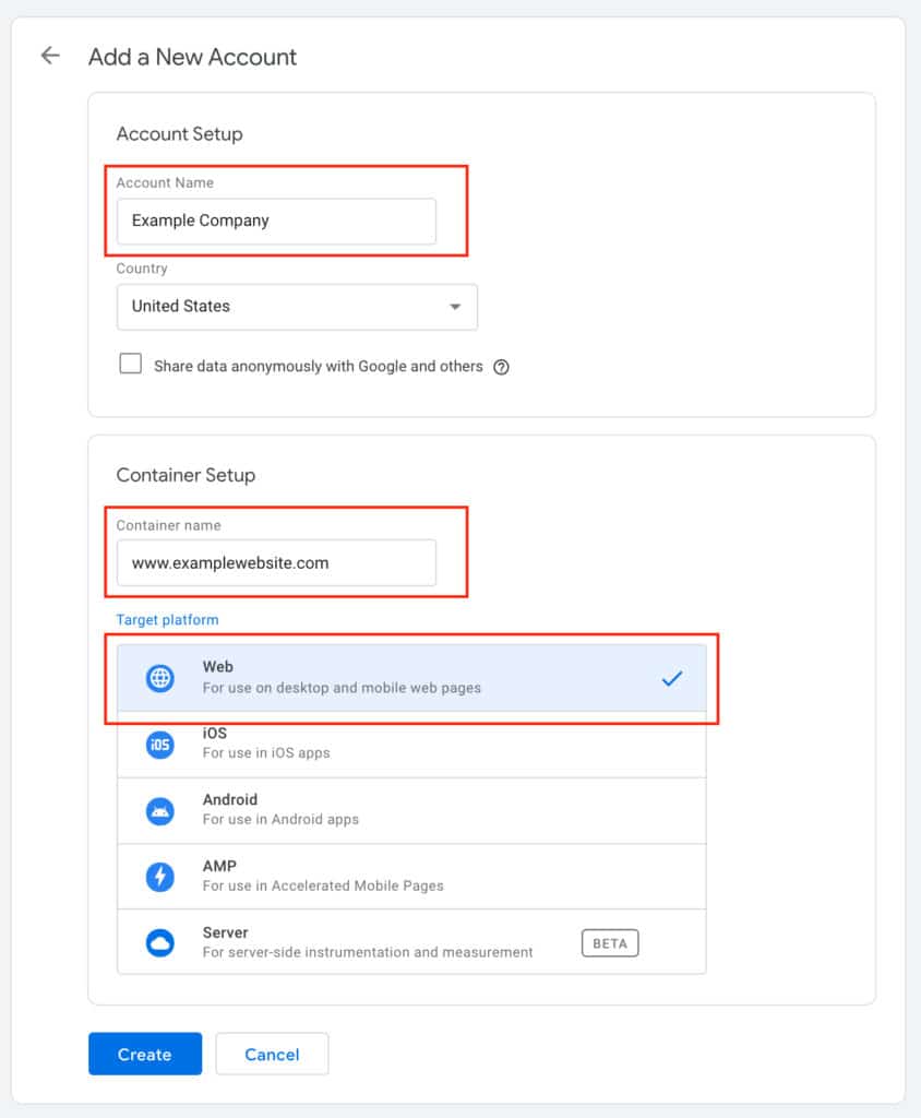 Google Tag Manager account and container setup