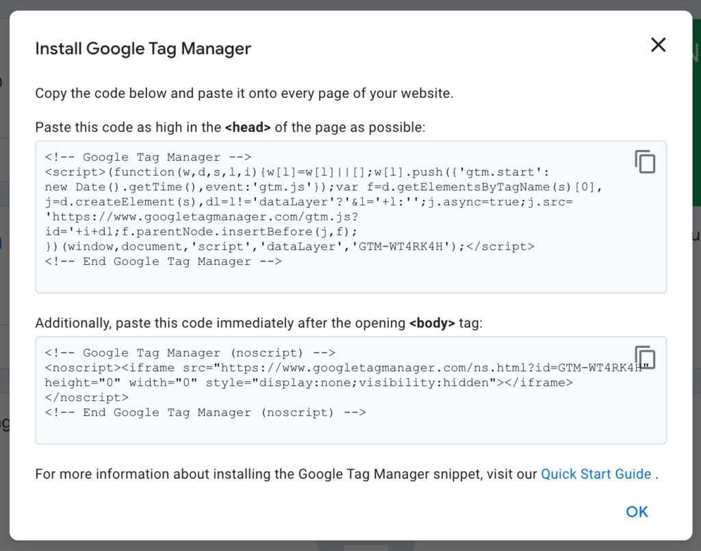Google Tag Manager container code snippets