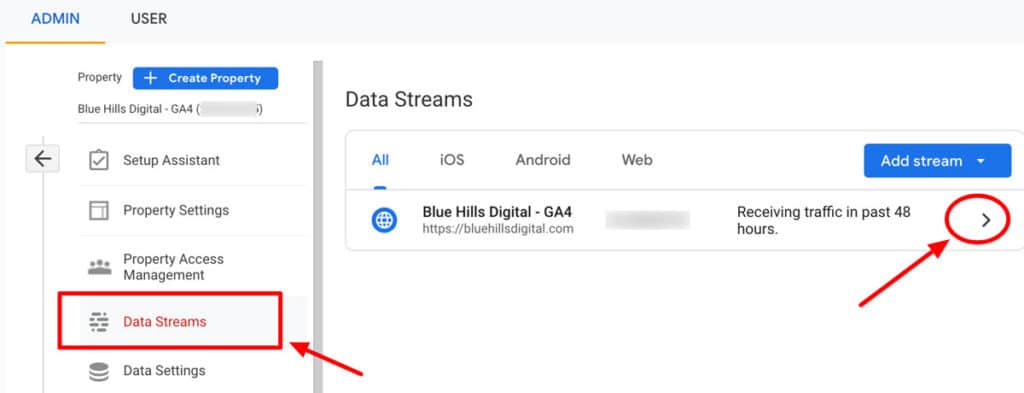 Select your GA4 website data stream