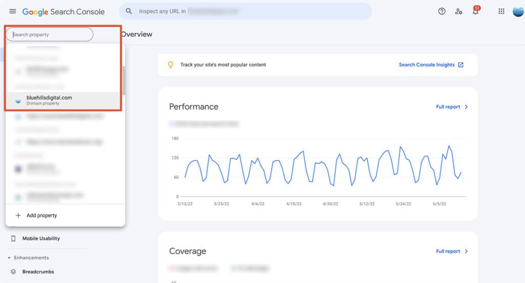 Google Search Console - Select Property