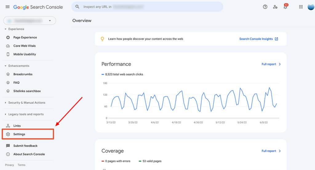 Google Search Console Settings Menu