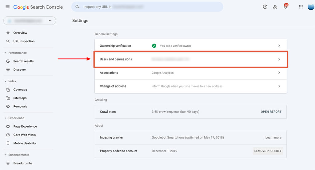 Google Search Console Users and Permissions Settings