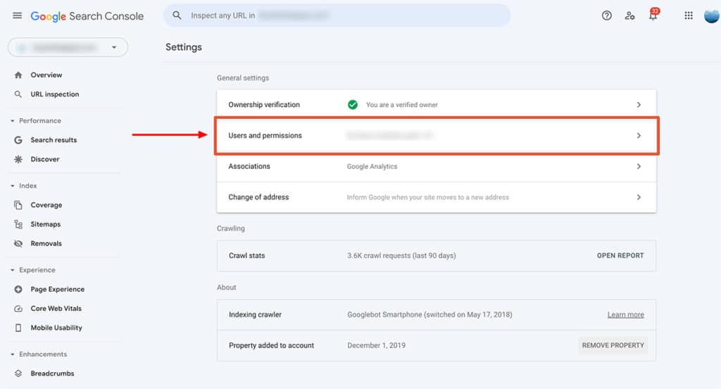 Google Search Console Users and Permissions Settings