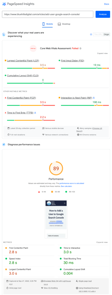 Google Page Speed Insights results