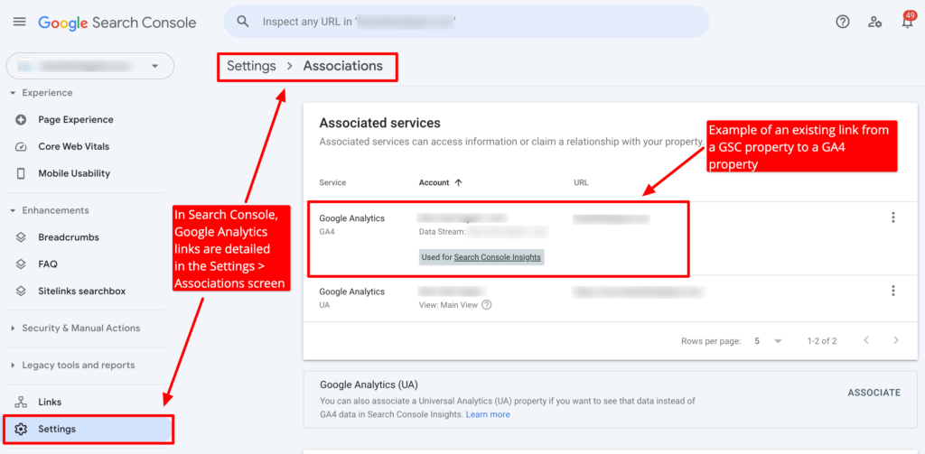 Google Search Console analytics connection in Settings Associations screen