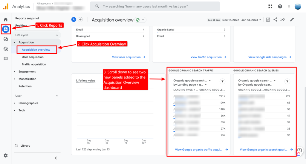 Search Console data in GA4 Acquisition Overview report