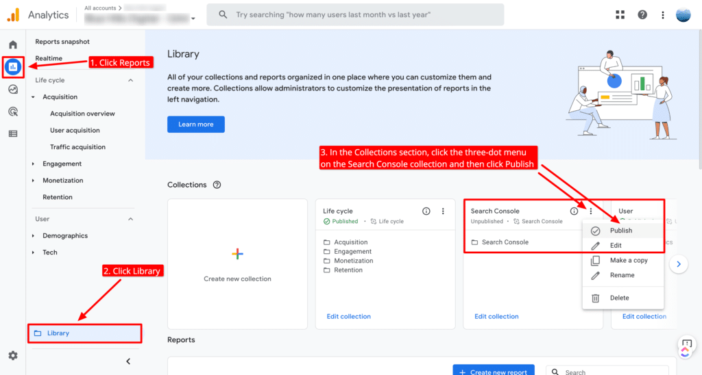 Add Search Console reports from the Library