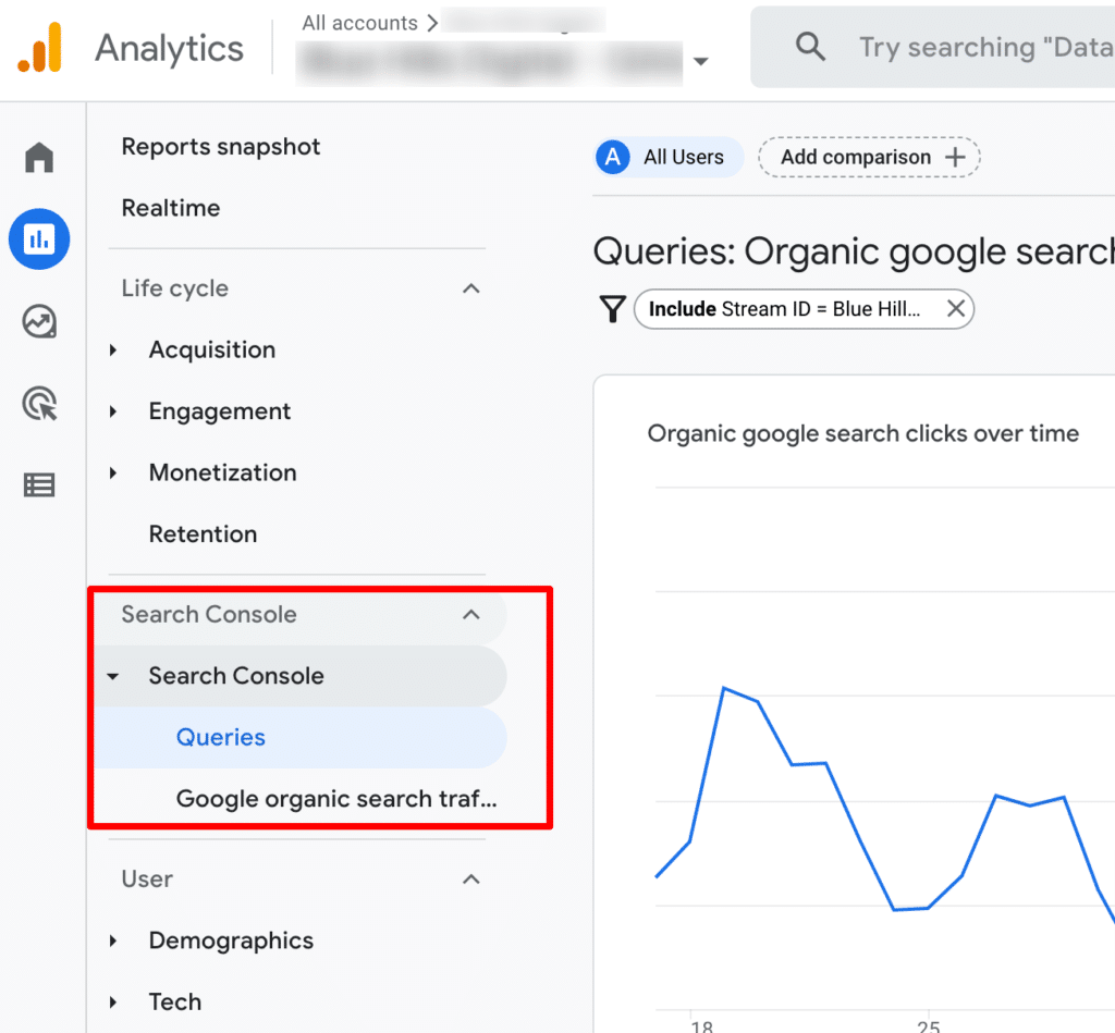 Search Console reports in GA4 menu