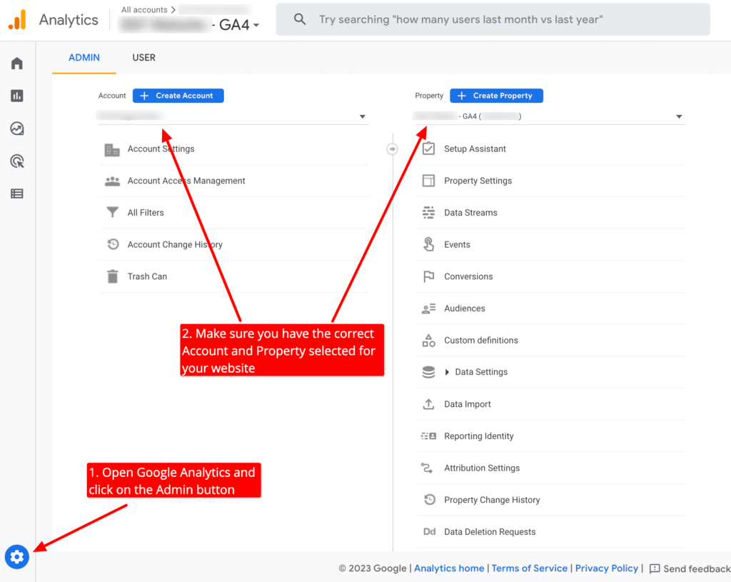 Open the admin menu in GA4