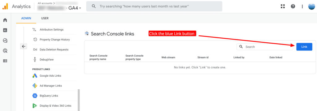 GA4 start adding a Search Console link