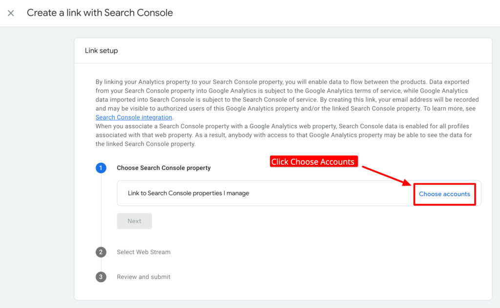 GA4 Choose Search Console account step 1