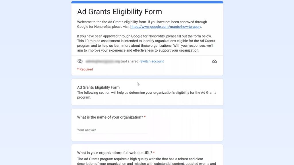 Google Ad Grants Eligibility Form