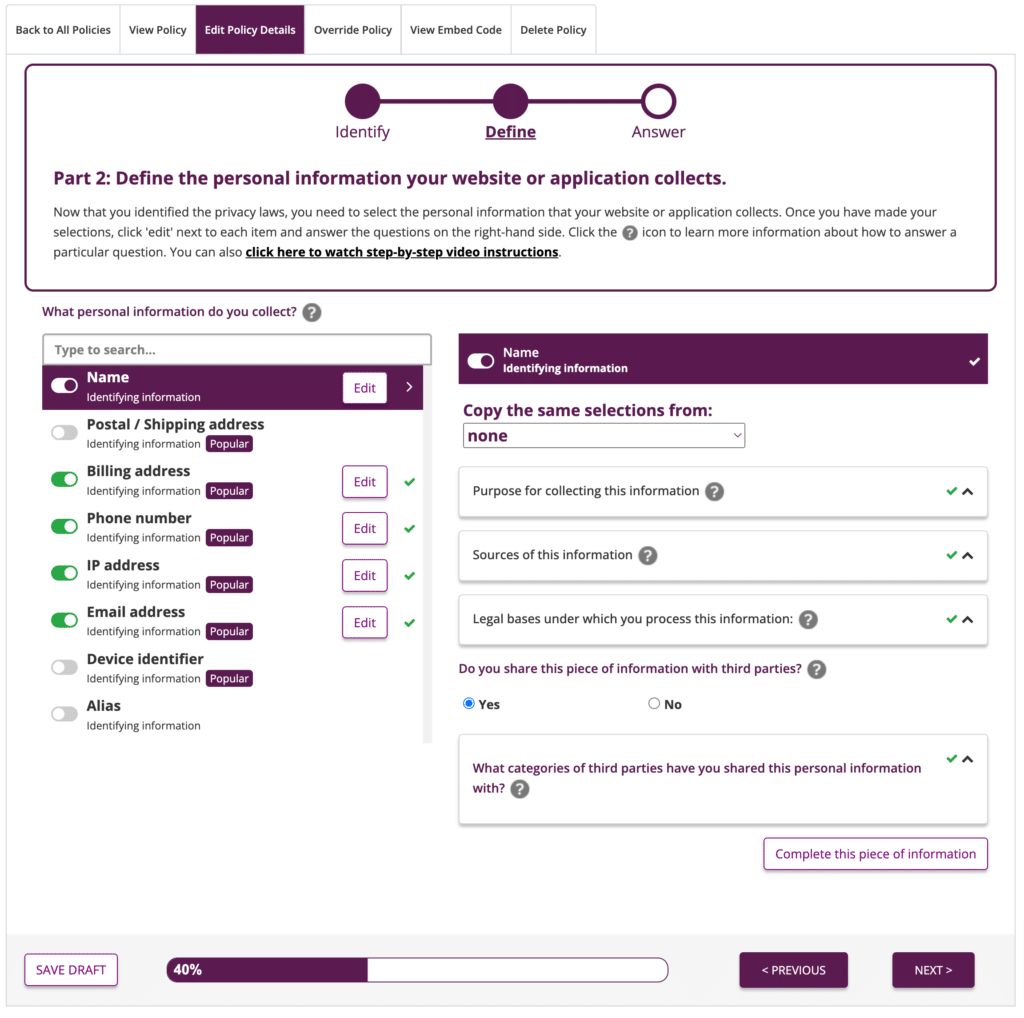 Preview of the Termageddon Privacy Policy generator