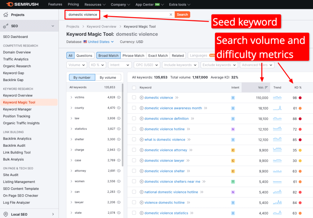 SEO keyword research results for "domestic violence"