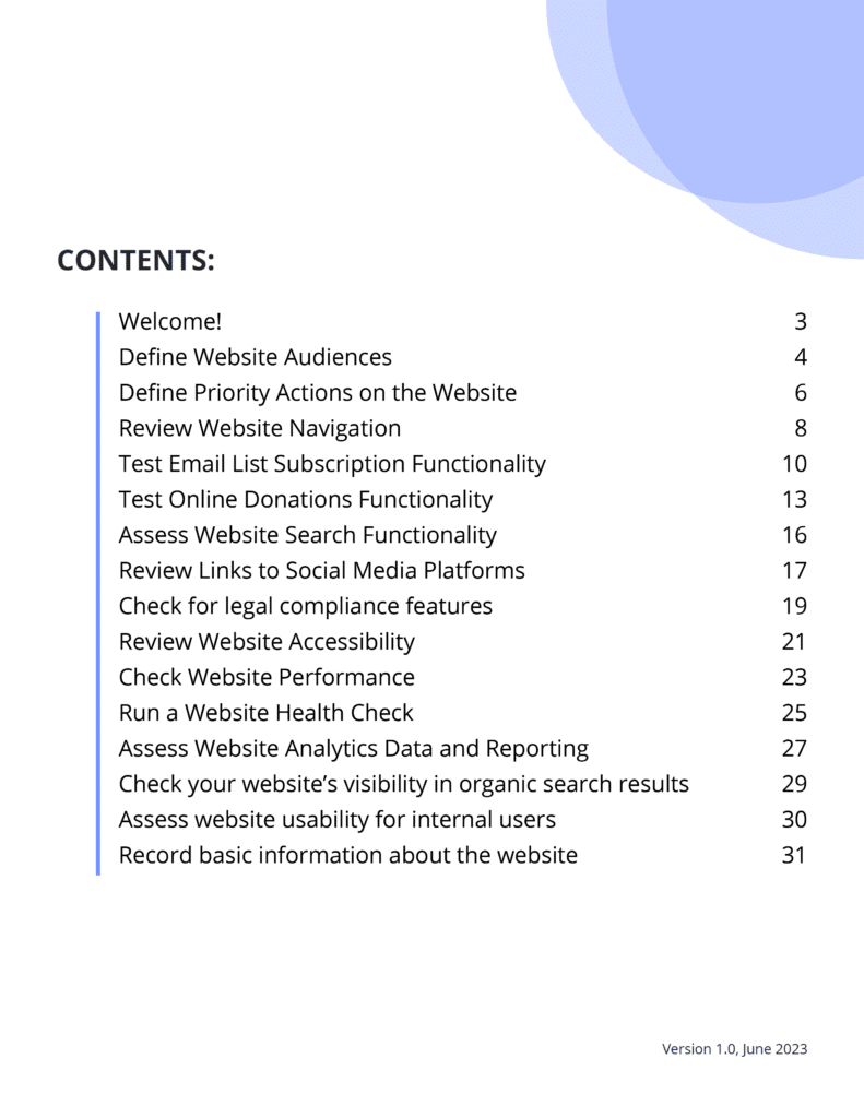 Nonprofit Website Audit Workbook Table of Contents