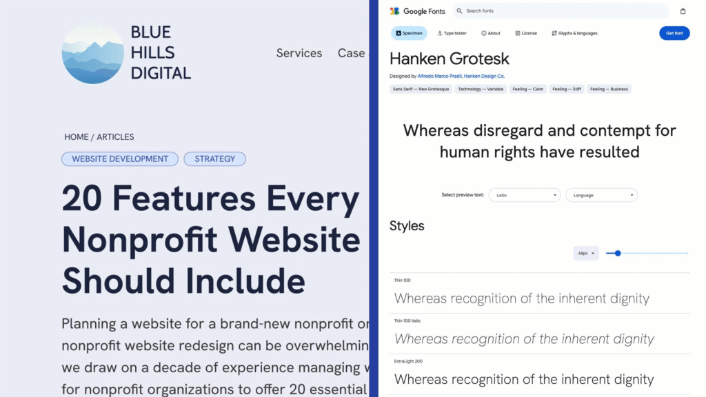Preview of the Blue Hills Digital website, using the new font Hanken Grotesk