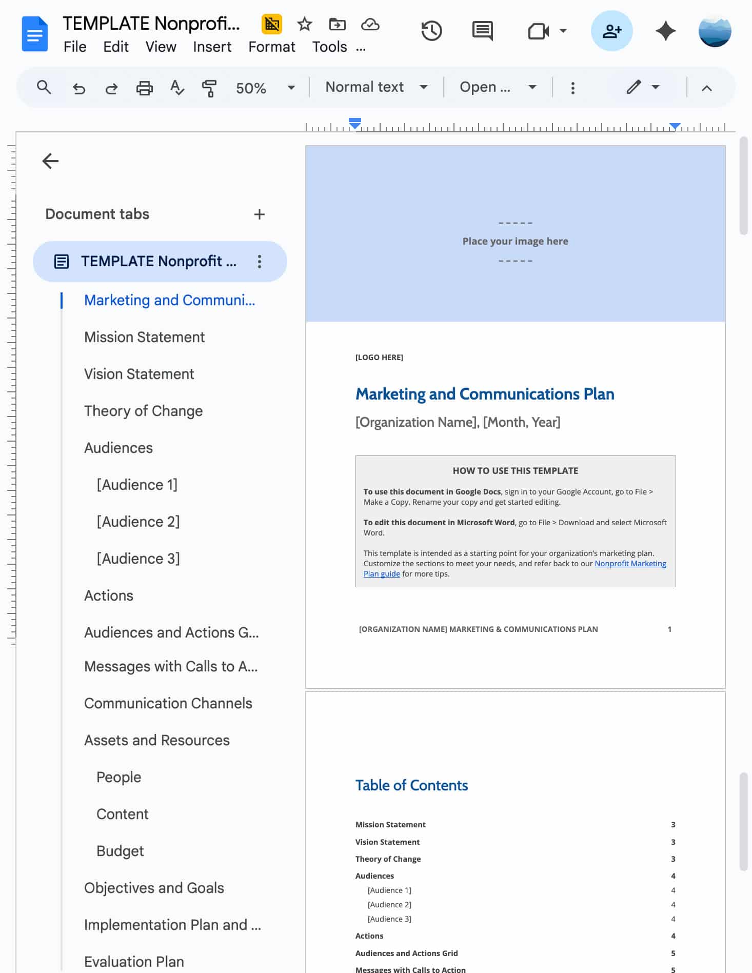 Preview of the Marketing Plan template