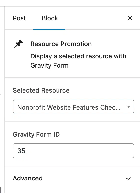 Screenshot of the resource promotion block settings