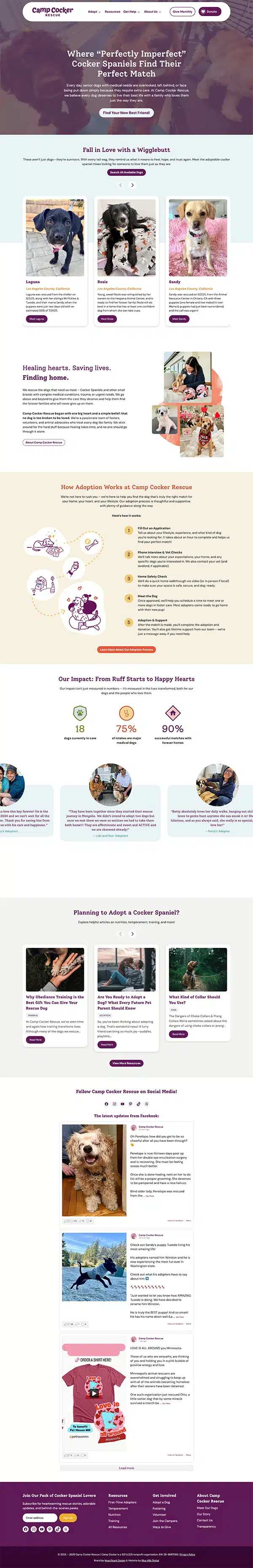 Screenshot of the Camp Cocker Rescue website after the redesign project.